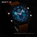 RISTOS 9343 Chronograph Men Multifunction Sport Leather dual display Watches Analog Fashion Wrist Watch New